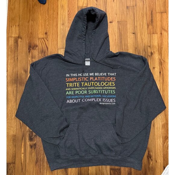 Gildan Heavy Blend Hoodie XL Dark Gray Designs Justice Graphic Sweatshirt Ethos - Picture 5 of 6